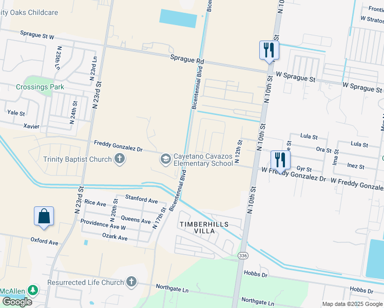 map of restaurants, bars, coffee shops, grocery stores, and more near 1401 Freddy Gonzalez Drive in McAllen