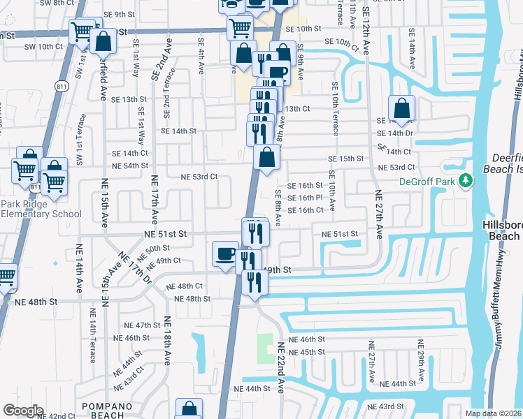 map of restaurants, bars, coffee shops, grocery stores, and more near 5200 North Federal Highway in Lighthouse Point