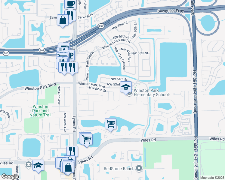 map of restaurants, bars, coffee shops, grocery stores, and more near 4275 Northwest 52nd Street in Coconut Creek