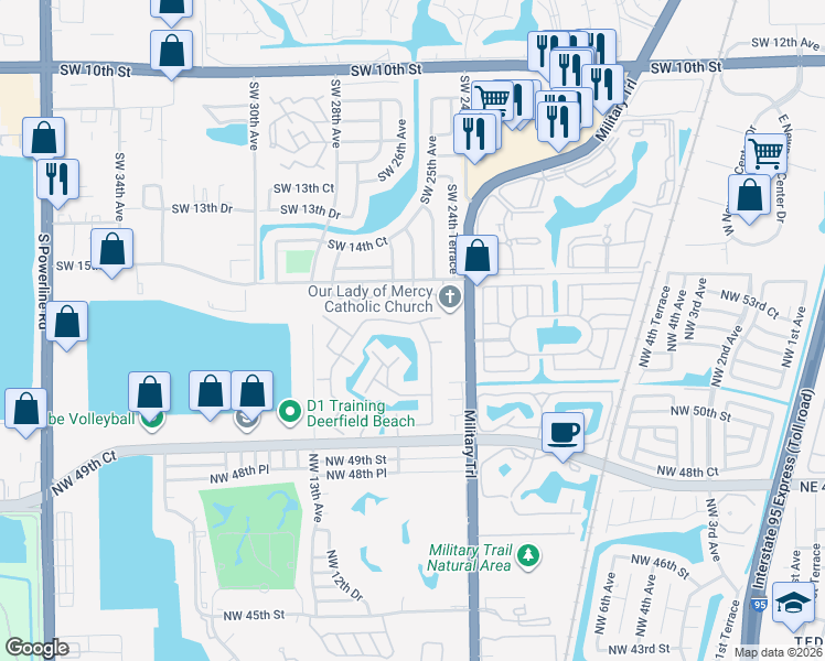 map of restaurants, bars, coffee shops, grocery stores, and more near 11 Emerald Way Circle in Pompano Beach