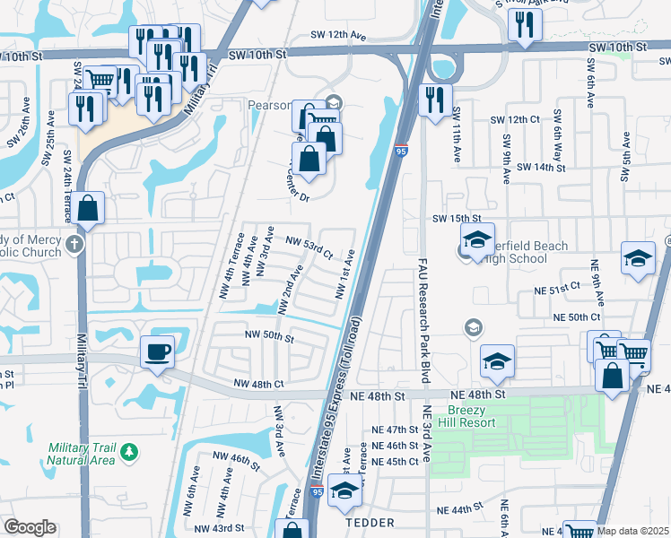 map of restaurants, bars, coffee shops, grocery stores, and more near 123 Northwest 53rd Street in Pompano Beach