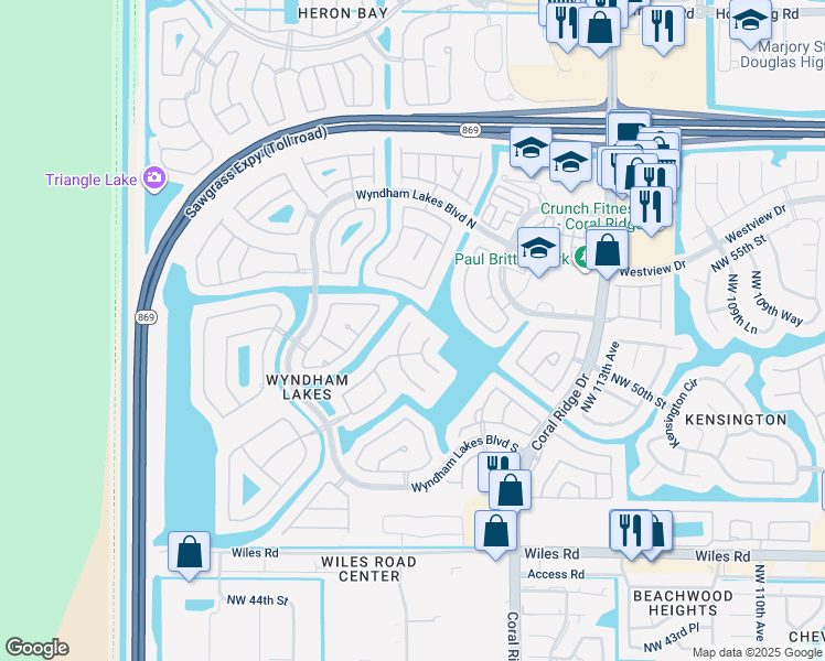 map of restaurants, bars, coffee shops, grocery stores, and more near 5037 Northwest 119th Terrace in Coral Springs