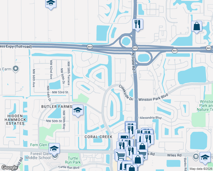 map of restaurants, bars, coffee shops, grocery stores, and more near 5828 Northwest 54th Circle in Coral Springs