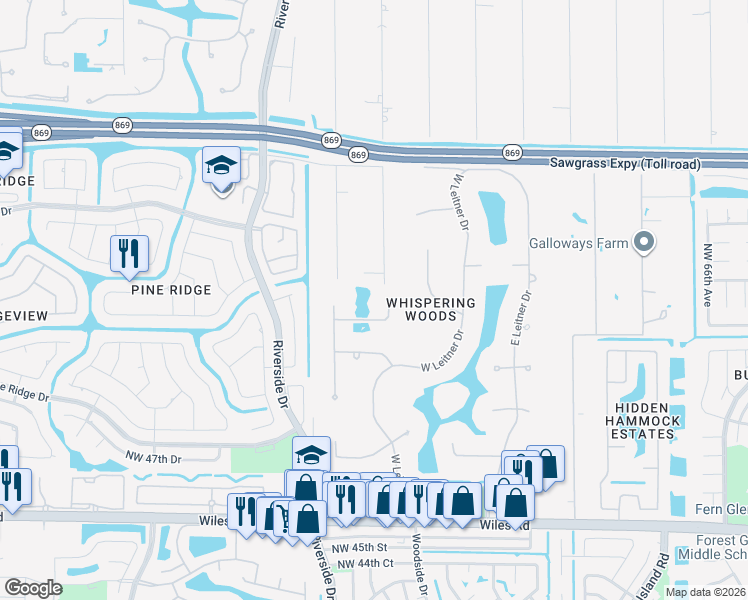 map of restaurants, bars, coffee shops, grocery stores, and more near 5235 Whisper Drive in Coral Springs