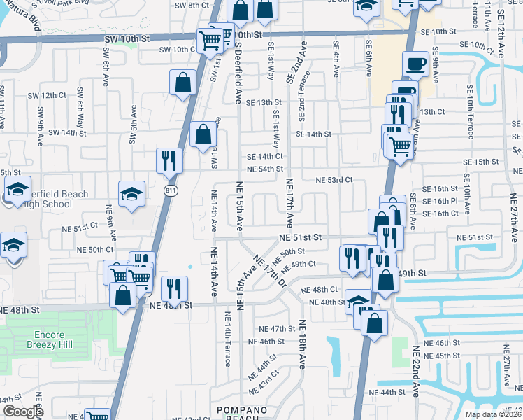 map of restaurants, bars, coffee shops, grocery stores, and more near 5182 Northeast 16th Avenue in Pompano Beach