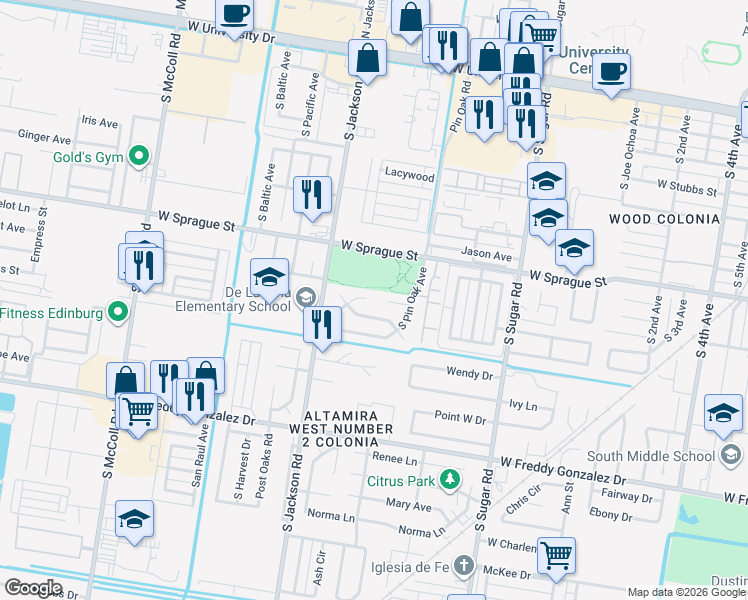 map of restaurants, bars, coffee shops, grocery stores, and more near 1816 Live Oak Road in Edinburg