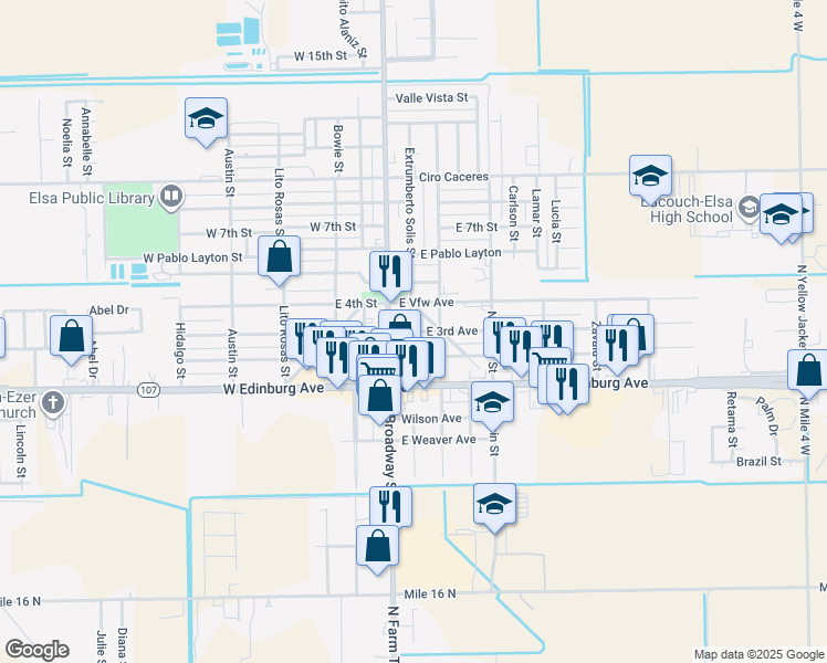 map of restaurants, bars, coffee shops, grocery stores, and more near 202 East 3rd Avenue in Elsa