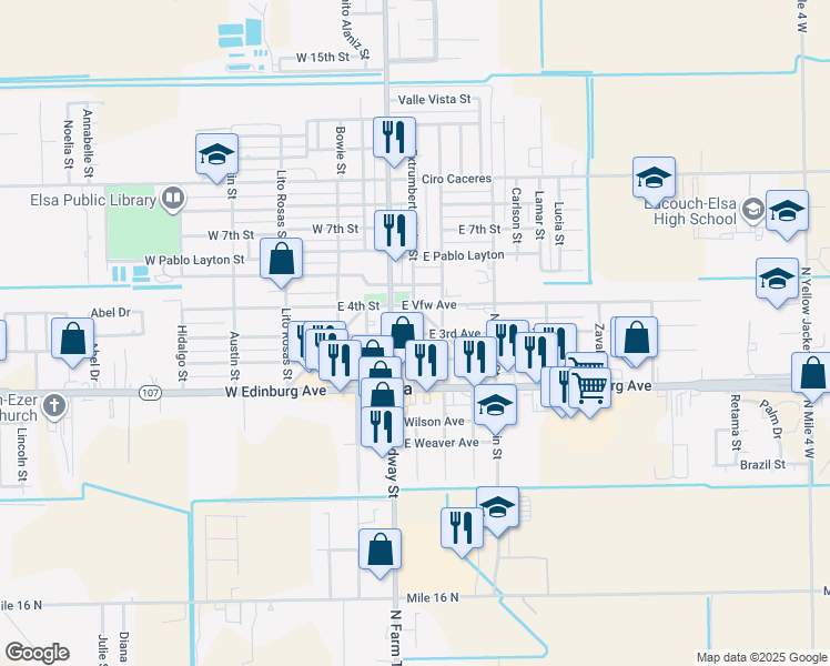 map of restaurants, bars, coffee shops, grocery stores, and more near 202 East 3rd Avenue in Elsa