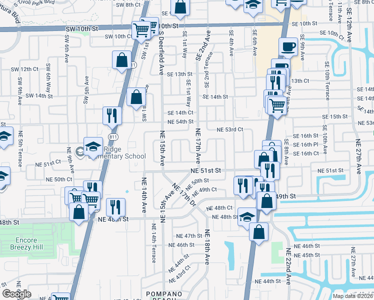 map of restaurants, bars, coffee shops, grocery stores, and more near 5182 Northeast 16th Avenue in Pompano Beach