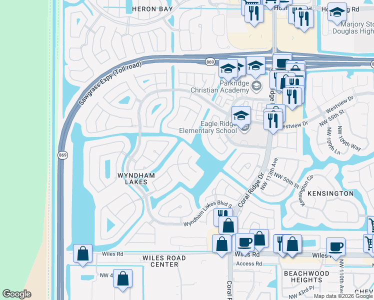 map of restaurants, bars, coffee shops, grocery stores, and more near 5037 Northwest 119th Terrace in Coral Springs