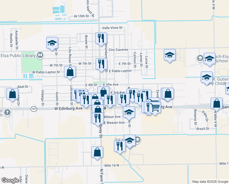 map of restaurants, bars, coffee shops, grocery stores, and more near 306 North Carlos Arispe in Edcouch