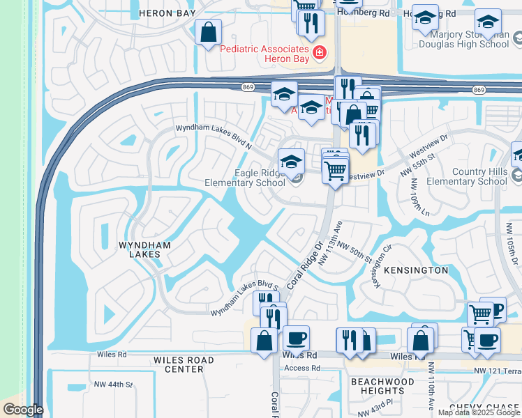 map of restaurants, bars, coffee shops, grocery stores, and more near 11660 Northwest 52nd Court in Coral Springs
