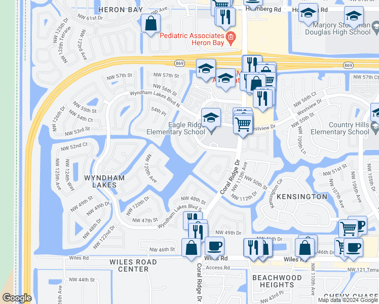 map of restaurants, bars, coffee shops, grocery stores, and more near 5219 Northwest 117th Avenue in Coral Springs