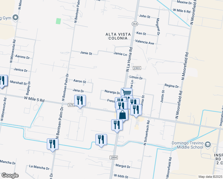 map of restaurants, bars, coffee shops, grocery stores, and more near 5 North La Homa Road in Mission