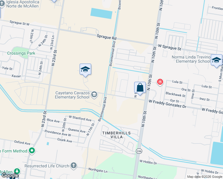 map of restaurants, bars, coffee shops, grocery stores, and more near 1401 Freddy Gonzalez Drive in McAllen