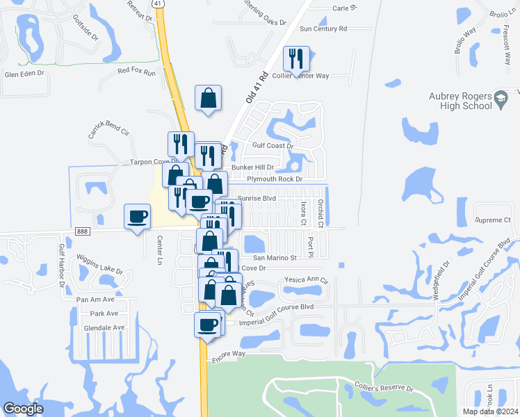 map of restaurants, bars, coffee shops, grocery stores, and more near Poinciana Court in Naples