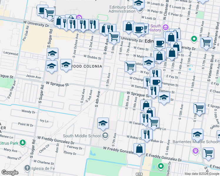 map of restaurants, bars, coffee shops, grocery stores, and more near 812 South 5th Avenue in Edinburg