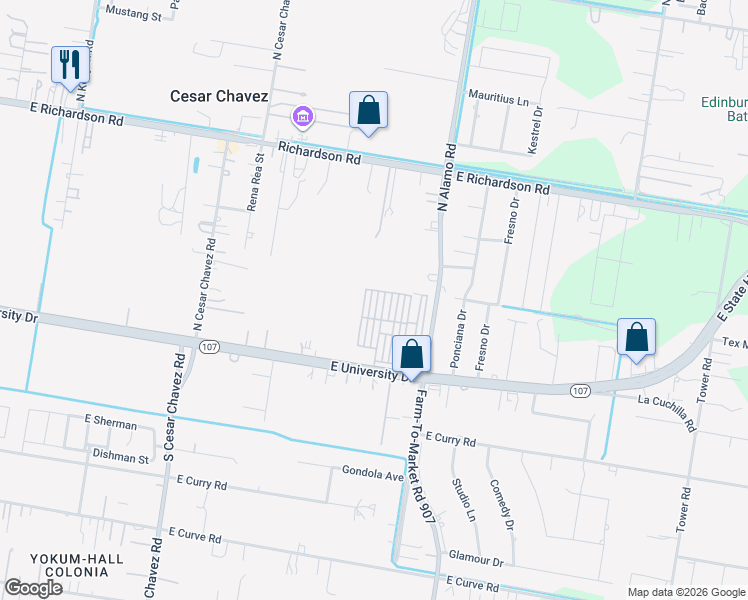 map of restaurants, bars, coffee shops, grocery stores, and more near 724 Hamlin Street in Edinburg