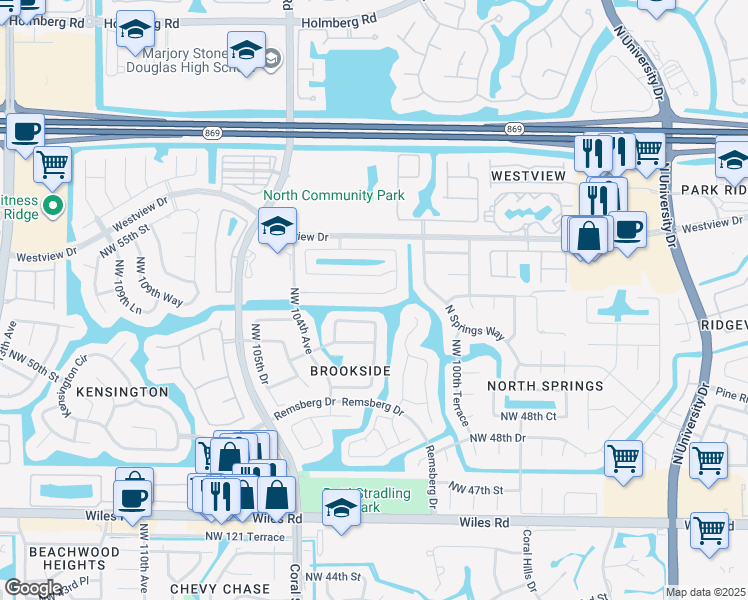 map of restaurants, bars, coffee shops, grocery stores, and more near 10240 Northwest 52nd Street in Coral Springs