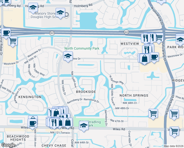 map of restaurants, bars, coffee shops, grocery stores, and more near 10240 Northwest 52nd Street in Coral Springs