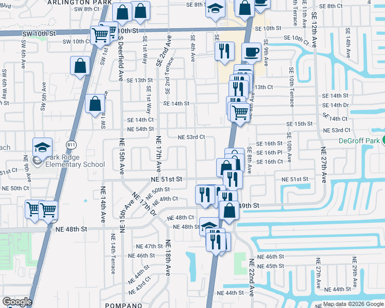 map of restaurants, bars, coffee shops, grocery stores, and more near 1966 Northeast 52nd Street in Pompano Beach