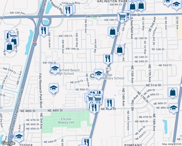 map of restaurants, bars, coffee shops, grocery stores, and more near 930 Northeast 52nd Court in Pompano Beach