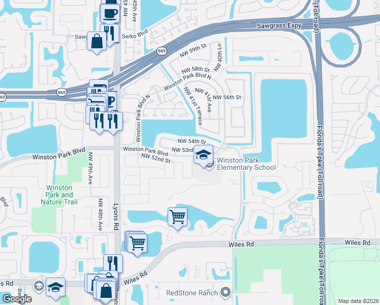 map of restaurants, bars, coffee shops, grocery stores, and more near 4275 Northwest 52nd Street in Coconut Creek