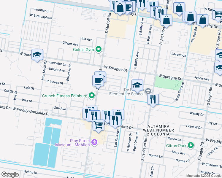 map of restaurants, bars, coffee shops, grocery stores, and more near 2708 Presidio Drive in Edinburg