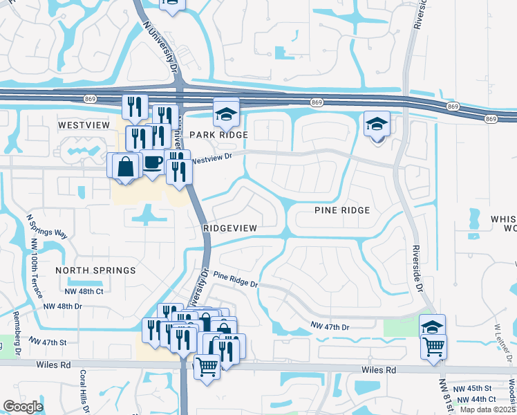 map of restaurants, bars, coffee shops, grocery stores, and more near 5289 Northwest 89th Drive in Coral Springs