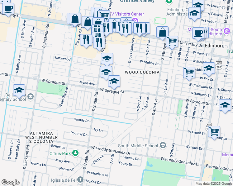 map of restaurants, bars, coffee shops, grocery stores, and more near 1222 West Sprague Street in Edinburg