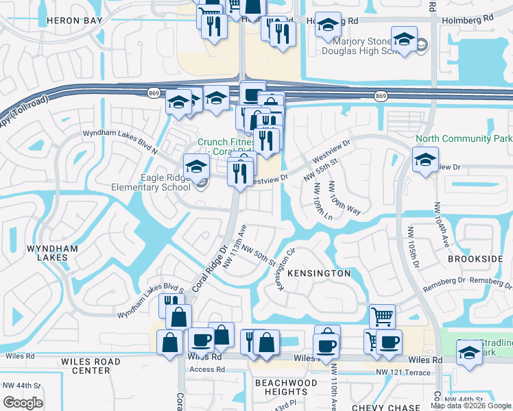 map of restaurants, bars, coffee shops, grocery stores, and more near 5282 Northwest 113th Avenue in Coral Springs