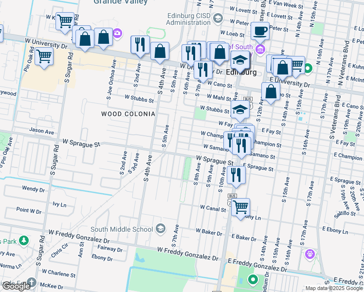 map of restaurants, bars, coffee shops, grocery stores, and more near 6255 South 6th Avenue in Edinburg