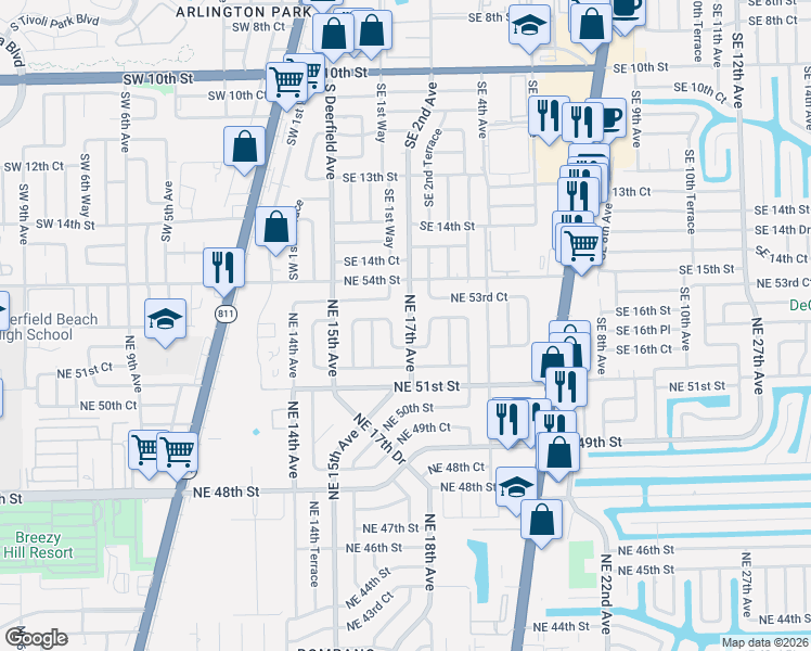 map of restaurants, bars, coffee shops, grocery stores, and more near 5318 Northeast 17th Avenue in Pompano Beach