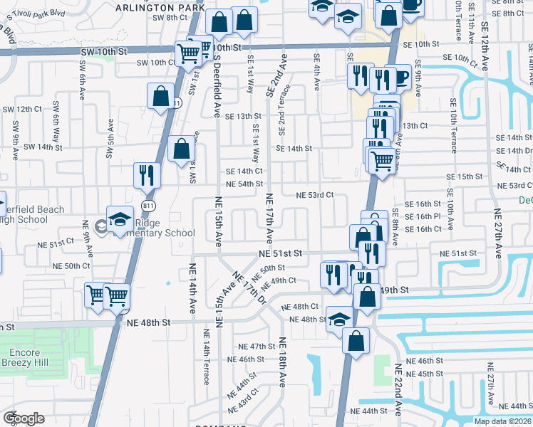 map of restaurants, bars, coffee shops, grocery stores, and more near 5273 Northeast 17th Avenue in Pompano Beach