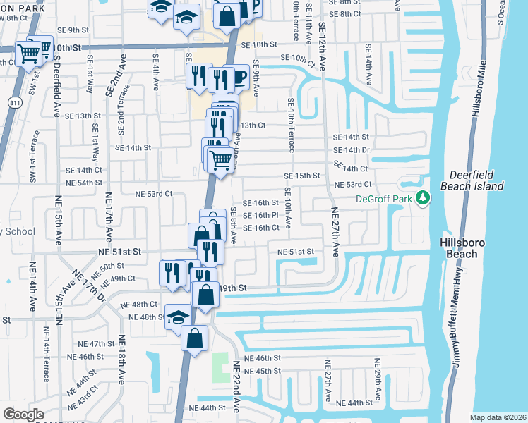 map of restaurants, bars, coffee shops, grocery stores, and more near 909 Southeast 16th Place in Deerfield Beach