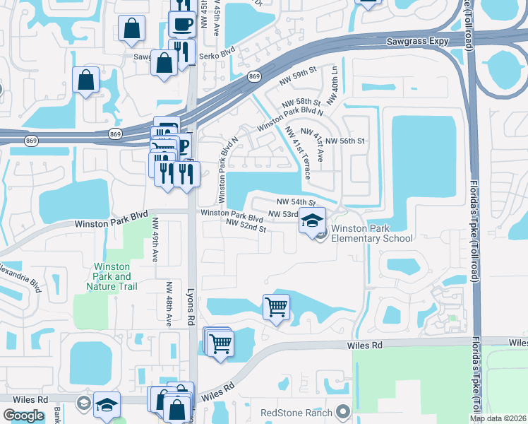 map of restaurants, bars, coffee shops, grocery stores, and more near 4352 Northwest 54th Street in Coconut Creek