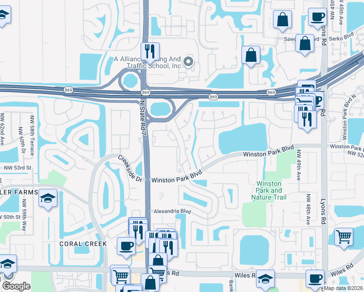 map of restaurants, bars, coffee shops, grocery stores, and more near 5413 Northwest 55th Terrace in Coconut Creek