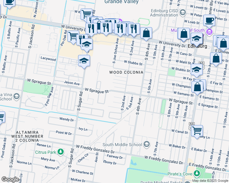map of restaurants, bars, coffee shops, grocery stores, and more near 1113 West Sprague Street in Edinburg