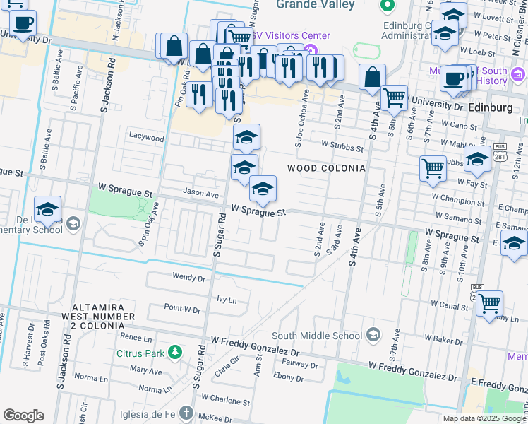 map of restaurants, bars, coffee shops, grocery stores, and more near 1215 West Sprague Street in Edinburg