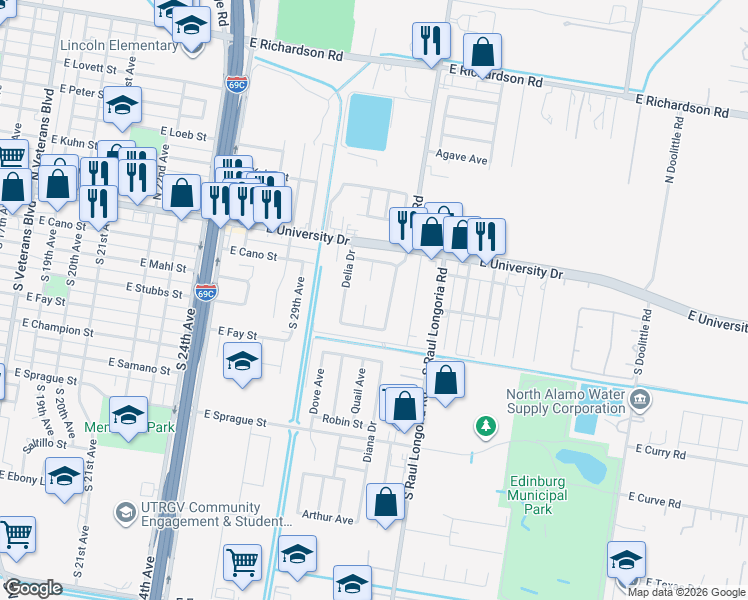 map of restaurants, bars, coffee shops, grocery stores, and more near 211 Marissa Court in Edinburg