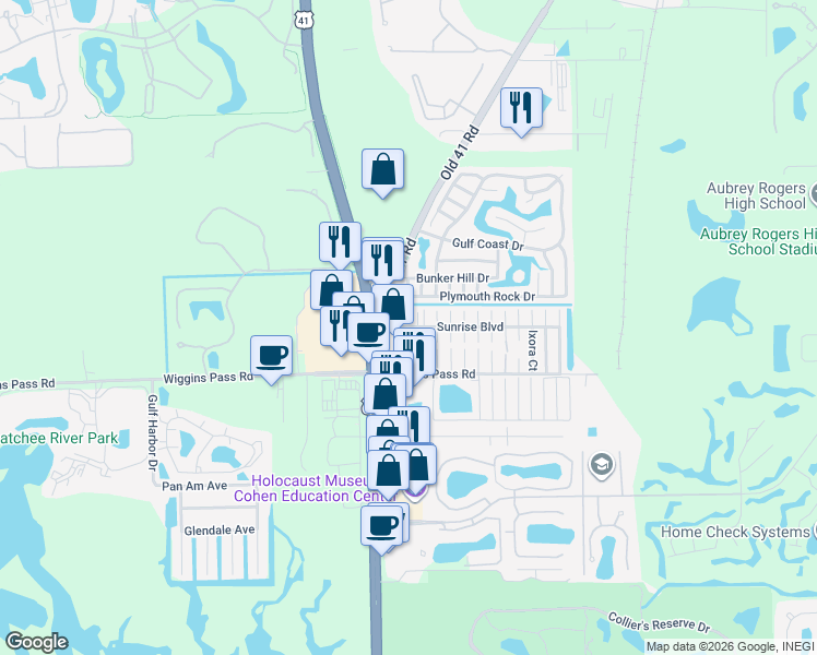 map of restaurants, bars, coffee shops, grocery stores, and more near 1 Sunrise Boulevard in Naples