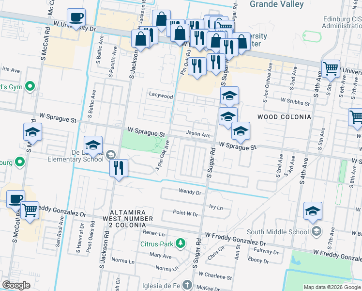 map of restaurants, bars, coffee shops, grocery stores, and more near 901 Lexington Circle in Edinburg