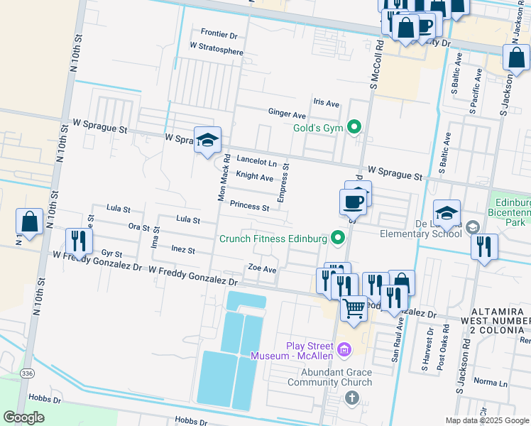 map of restaurants, bars, coffee shops, grocery stores, and more near 3284 Princess Street in Edinburg