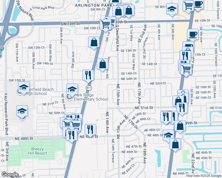 map of restaurants, bars, coffee shops, grocery stores, and more near 1444 Northeast 53rd Court in Pompano Beach