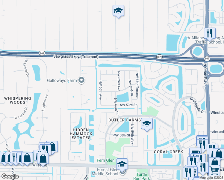 map of restaurants, bars, coffee shops, grocery stores, and more near 6424 Northwest 55th Street in Coral Springs