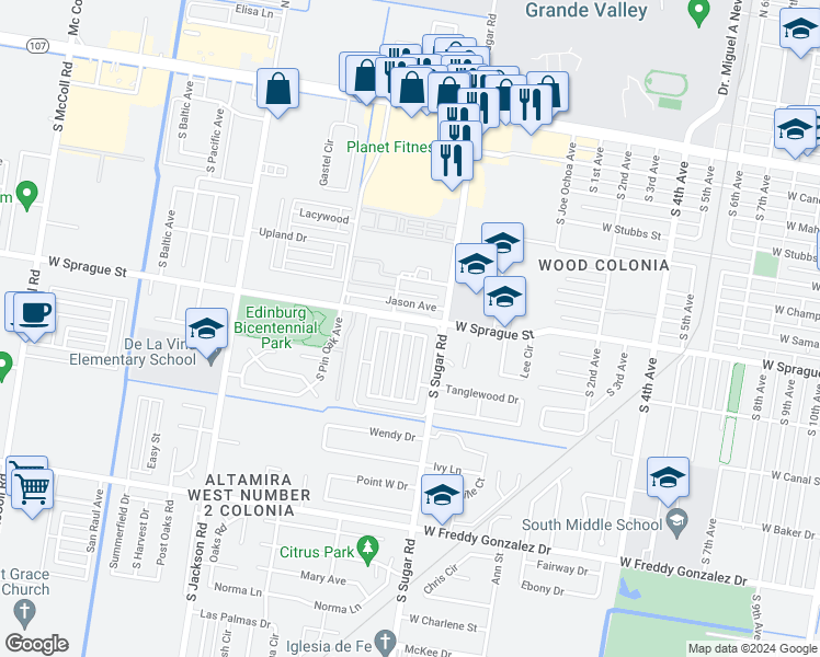 map of restaurants, bars, coffee shops, grocery stores, and more near 1715 Lexington Circle in Edinburg