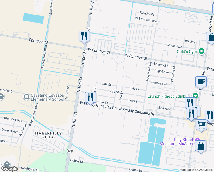 map of restaurants, bars, coffee shops, grocery stores, and more near 4019 Lula Street in Edinburg