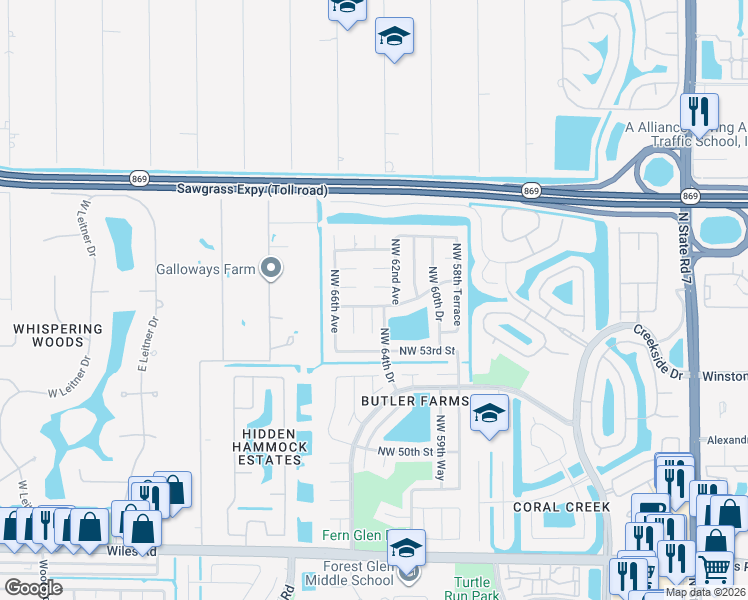 map of restaurants, bars, coffee shops, grocery stores, and more near 6424 Northwest 55th Street in Coral Springs