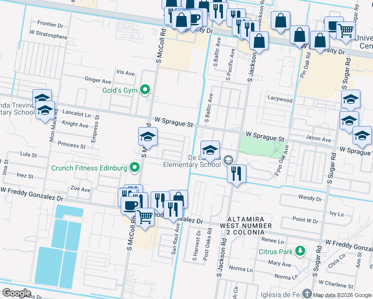 map of restaurants, bars, coffee shops, grocery stores, and more near 2612 Fort Brown Avenue in Edinburg