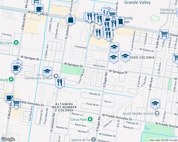 map of restaurants, bars, coffee shops, grocery stores, and more near 901 Lexington Circle in Edinburg